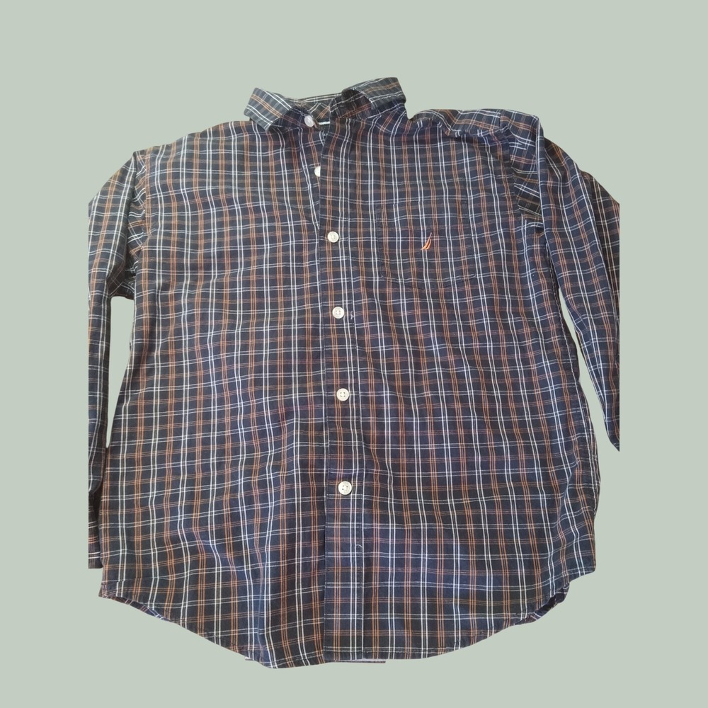 Nautica Boys Navy Orange Plaid Long Sleeve Button Down Shirt Size M 10/12 Cotton